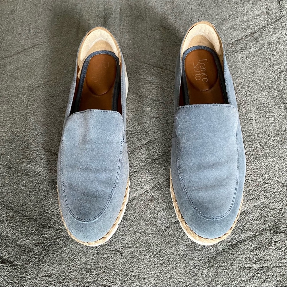 Franco Sarto blue suede Loafers with tan rope trim, white platform soles.